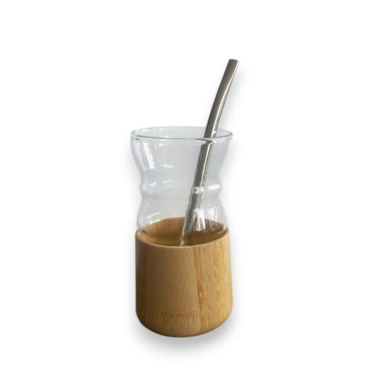 Yerba mate cup clear glass with bamboo base +straw