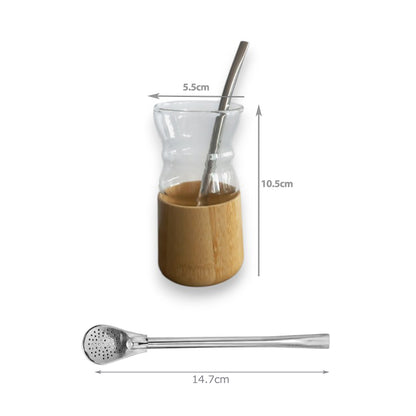 Yerba mate cup clear glass with bamboo base +straw