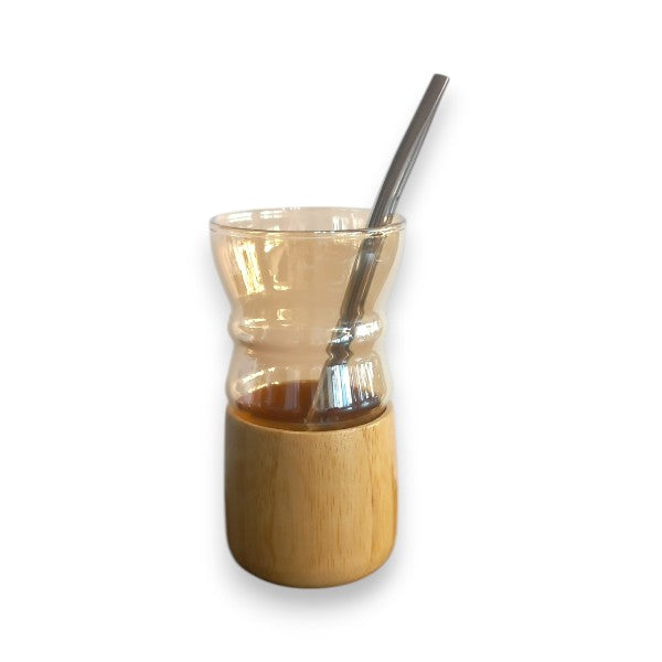 Yerba mate cup golden glass with bamboo base +straw