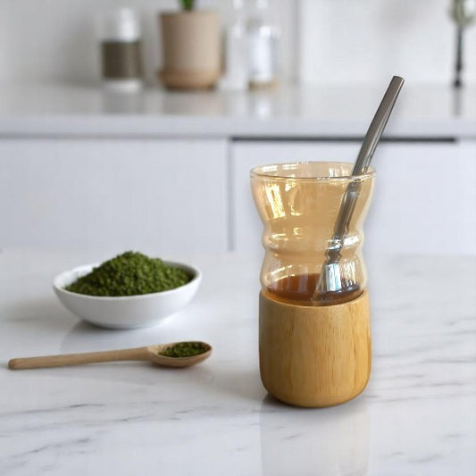Yerba mate cup golden glass with bamboo base +straw