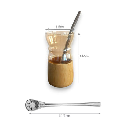 Yerba mate cup golden glass with bamboo base +straw