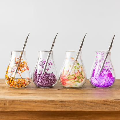 100ml dried flowers double wall yerba mate cup tear-drop shape+straw