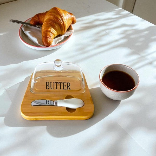 Bamboo butter tray & glass cover with knife