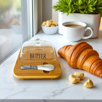 Bamboo butter tray & glass cover with knife