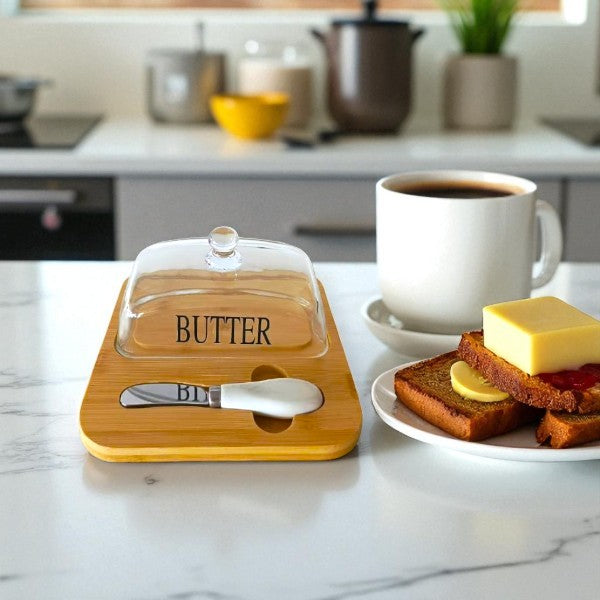 Bamboo butter tray & glass cover with knife