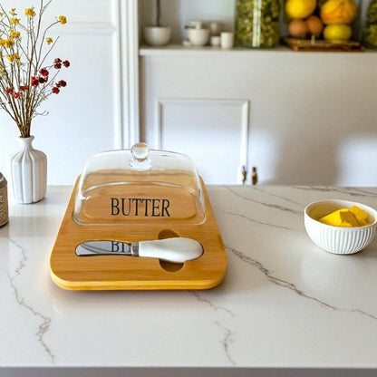 Bamboo butter tray & glass cover with knife