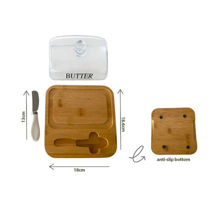Bamboo butter tray & glass cover with knife