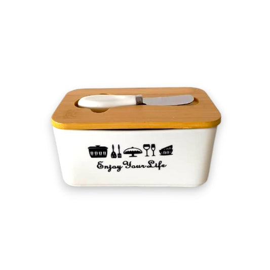 Ceramic butter/snack plate with bamboo lid and knife
