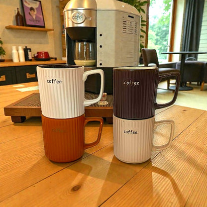 4pcs coffee & cream ribbed ceramic mugs gift set