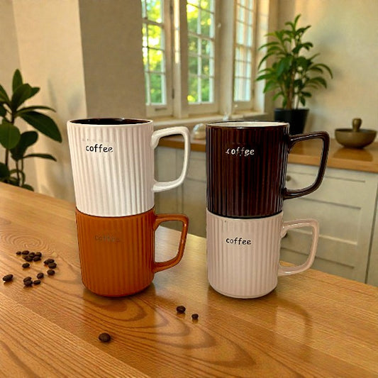 4pcs coffee & cream ribbed ceramic mugs gift set