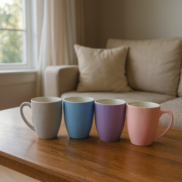4pcs Light colored ribbed ceramic mugs gift set