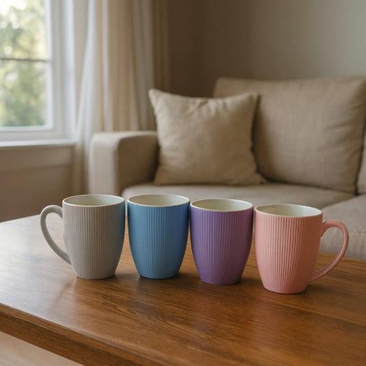 4pcs Light colored ribbed ceramic mugs gift set
