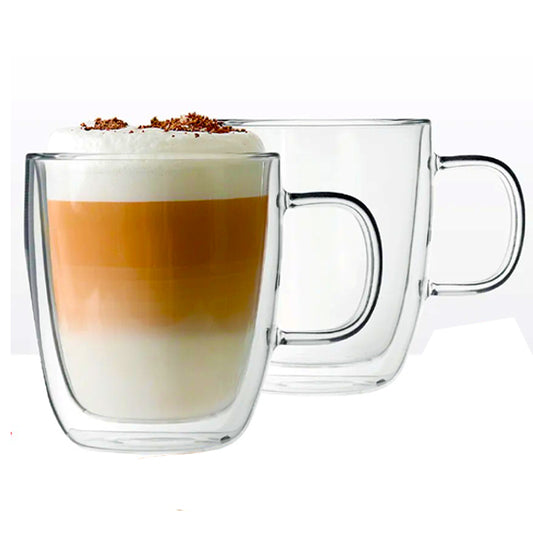 350 ml double wall glass cup with handle