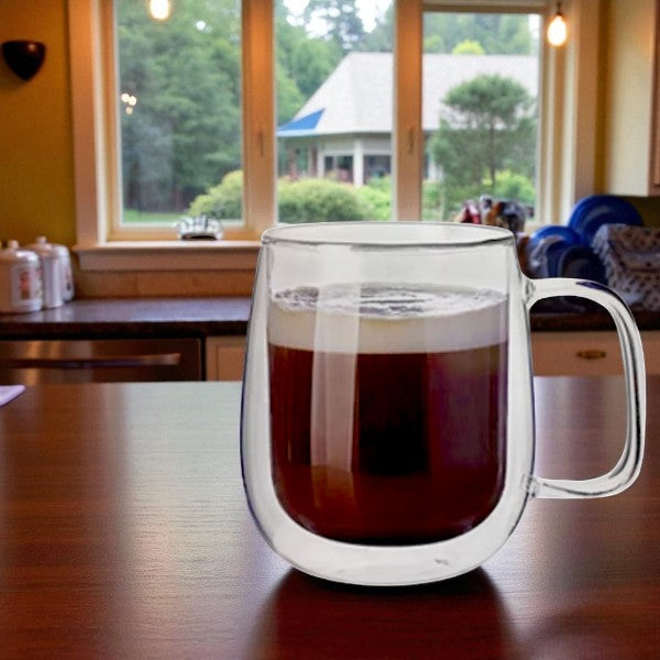350 ml double wall glass cup with handle