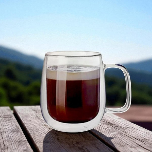 350 ml double wall glass cup with handle
