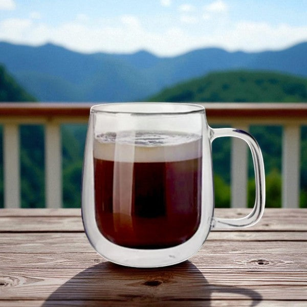350 ml double wall glass cup with handle