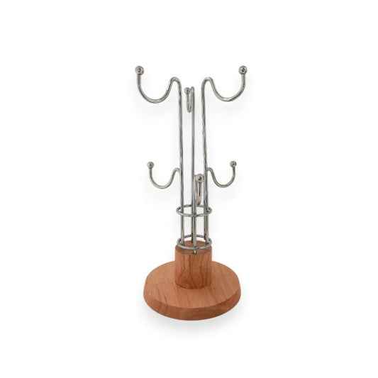 Mugs holder Chrome plated metal rack & wooden base