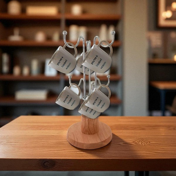 Mugs holder Chrome plated metal rack & wooden base