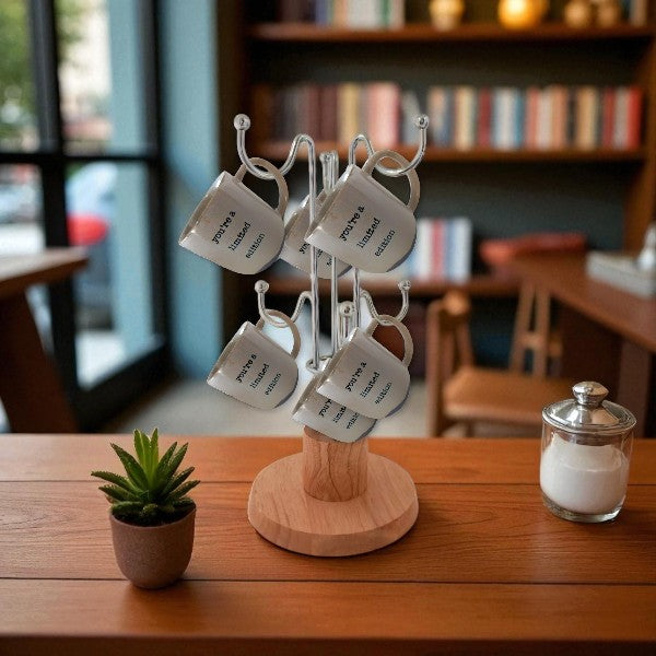 Mugs holder Chrome plated metal rack & wooden base