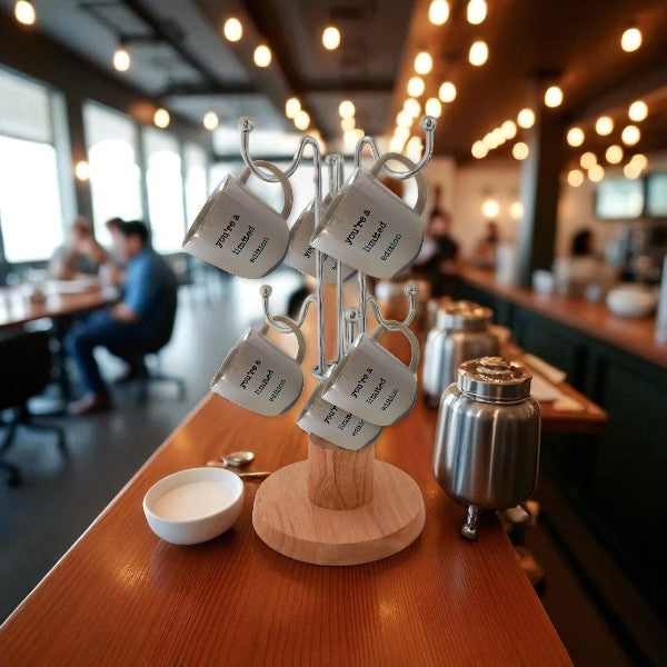 Mugs holder Chrome plated metal rack & wooden base