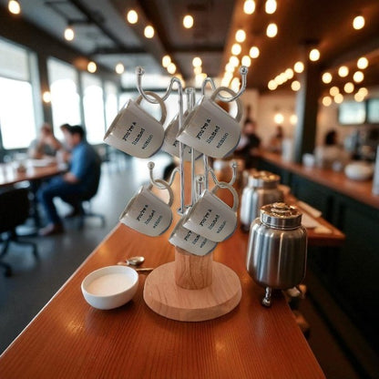 Mugs holder Chrome plated metal rack & wooden base
