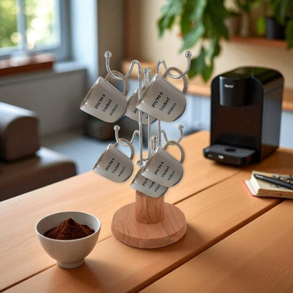 Mugs holder Chrome plated metal rack & wooden base