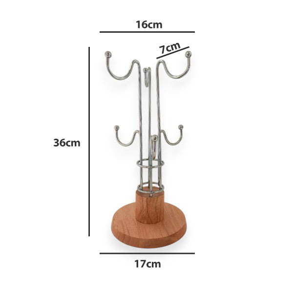 Mugs holder Chrome plated metal rack & wooden base