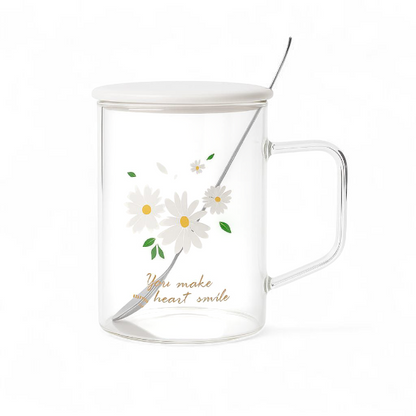 Glass mug with ceramic lid & stainless spoon
