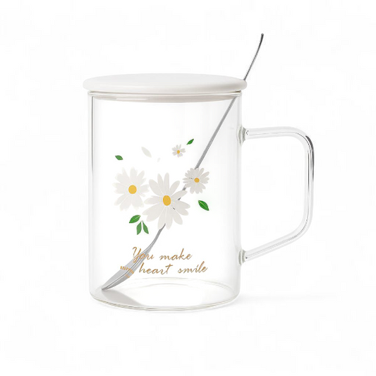 Glass mug with ceramic lid & stainless spoon