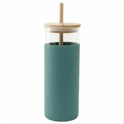 500ml Matcha/soda glass cup with silicone sleeve bamboo lid & straw