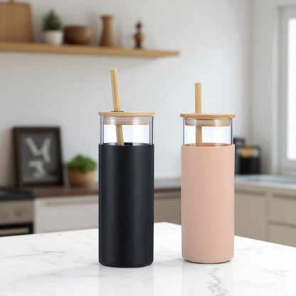 500ml Matcha/soda glass cup with silicone sleeve bamboo lid & straw