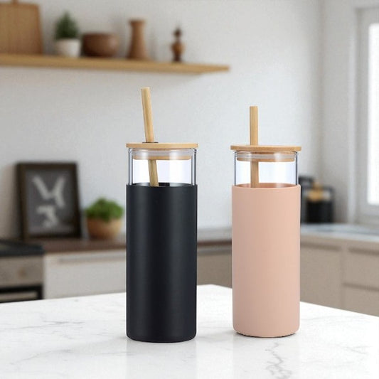 500ml Matcha/soda glass cup with silicone sleeve bamboo lid & straw