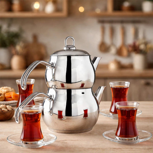 High Quality stainless steel 304 double stacked turkish teapot set- Large