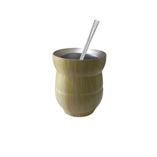 Wooden color Yerba Mate double wall stainless steel cup & straw