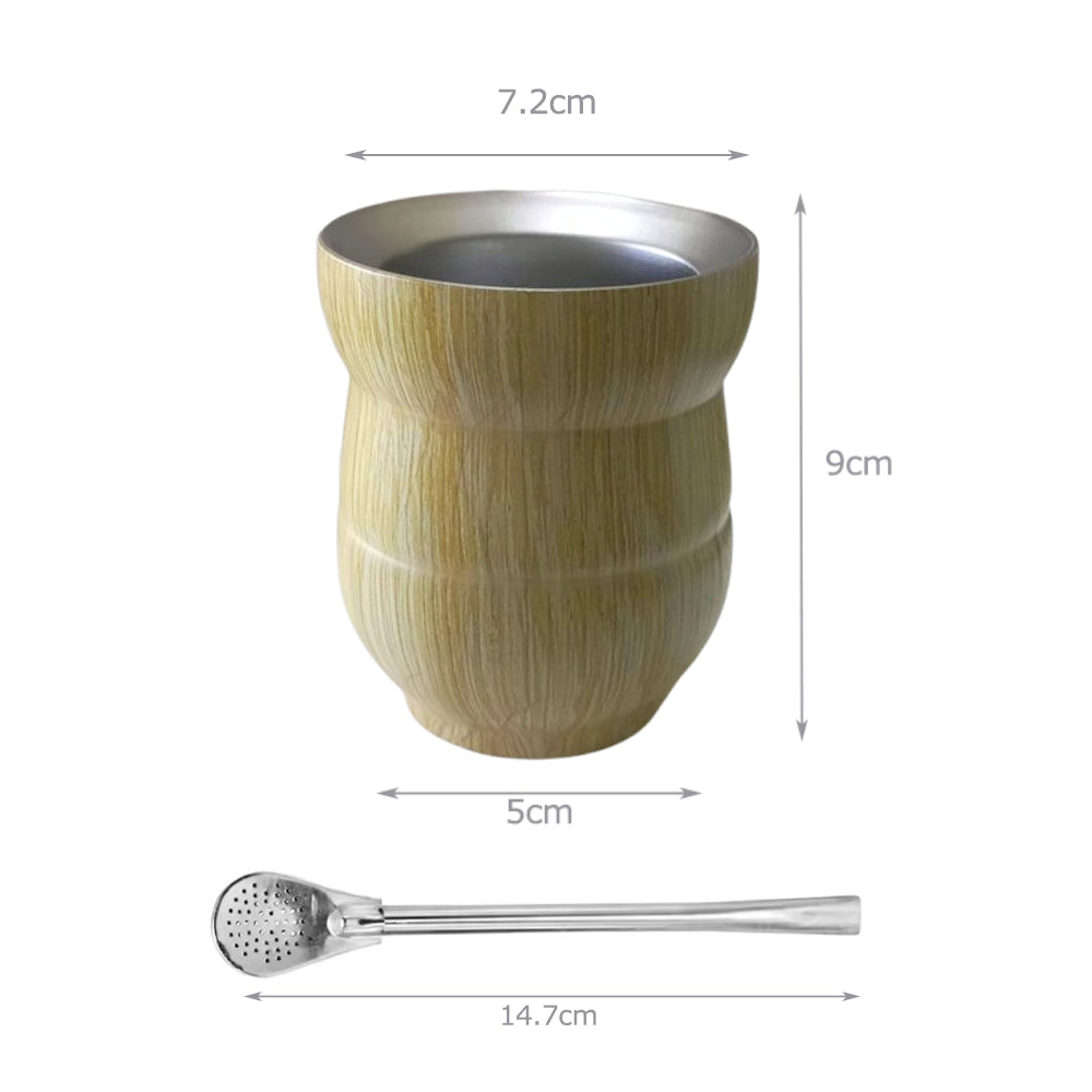 Wooden color Yerba Mate double wall stainless steel cup & straw